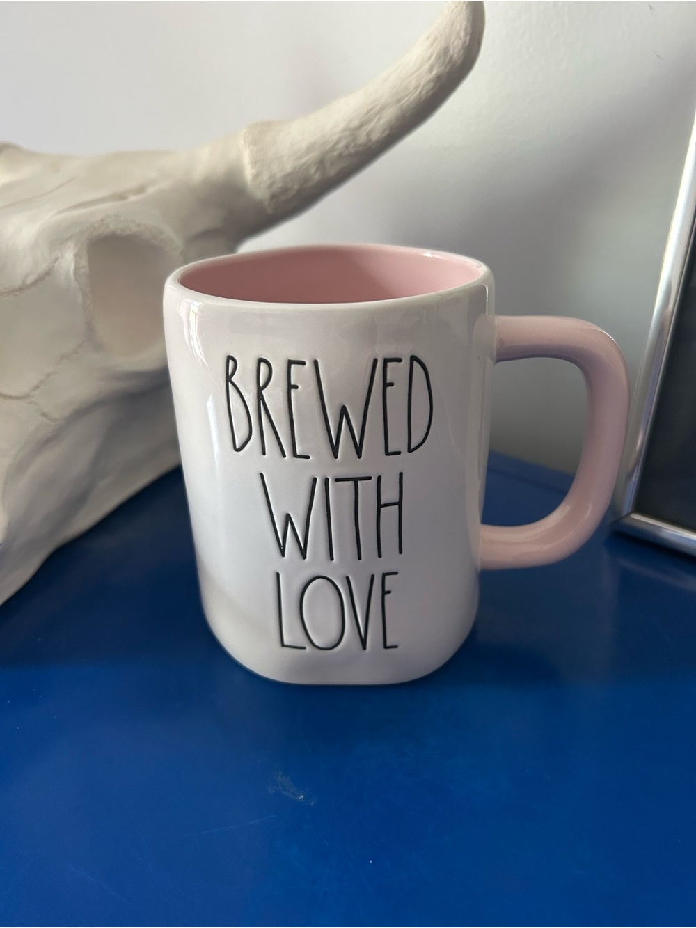 Rae Dunn Light Pink and White Brewed With Love Mug